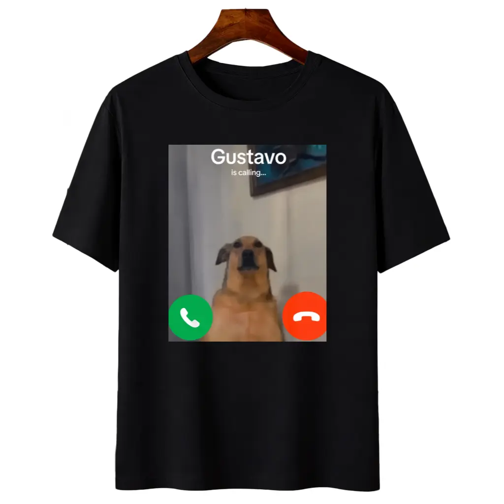 Men's Graphic T-Shirt, 'Gustavo Is Calling' Meme Print, 100% Cotton Casual Streetwear Top with Regular Fit and Short Sleeves, Graphic Print, Round Neck, Men's T Shirts, T Shirts