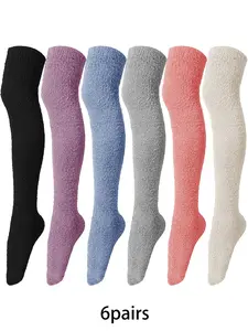 6pairs of comfortable coral fleece knee high socks, thick, warm, breathable stacking socks suitable for women's daily leisure, sports, commuting wear