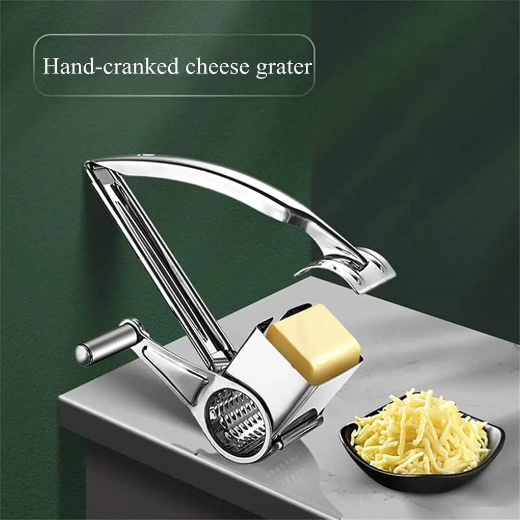 Multifunctional Rotating Cheese Grater with Stainless Steel Hand Drum, Ergonomic Design for Parmesan, Mascarpone, Vegetables