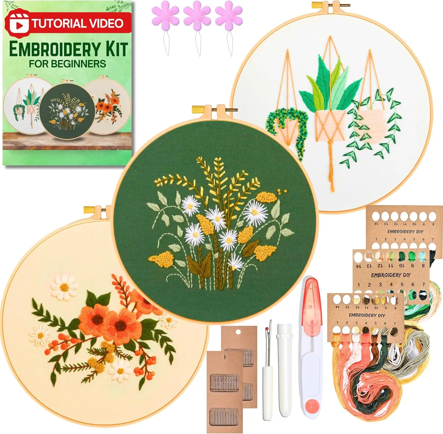3 Sets Floral Embroidery Kit for Beginners with Embroidery Patterns, Video Guide - DIY Cross Stitch Kit 1x Hoop & Threads⏐Hand Embroidery Kits Flower Embroidery Kit for Adults and Kids