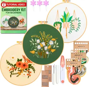 3 Sets Floral Embroidery Kit for Beginners with Embroidery Patterns, Video Guide - DIY Cross Stitch Kit 1x Hoop & Threads⏐Hand Embroidery Kits Flower Embroidery Kit for Adults and Kids