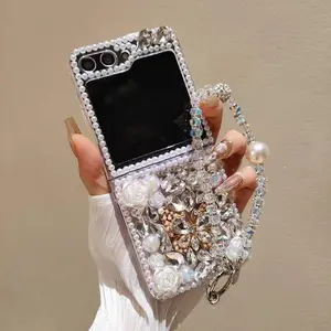 Luxury Crystal Pearl Elegant Butterfly Diamond Gems Strap Phone Case Cover For Samsung Galaxy Z FLIP 7 3 4 5 6 F7220 Flip6