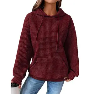 [Plus Size] Solid Waffle Knit Drop Shoulder Drawstring Hoodie, Casual Long Sleeve Pocket Hooded Sweatshirt for Fall & Winter, Gift Set for Women,?Women's Clothing for Daily Wear