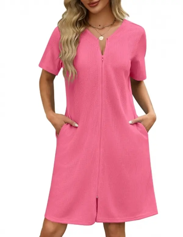 Women Zipper Robes Waffle Short Bathrobe Lightweight House Coat with Pockets Soft Nightgown S-3XL