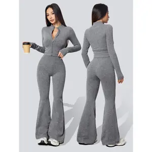 Women's Two-Piece Set, Knit Tracksuit Matching Set, Textured Sweatsuit, Autumn Winter Knit Ribbed Jacket & High-Waisted Flare Pants, Casual Fitted Outfit for Yoga Gym