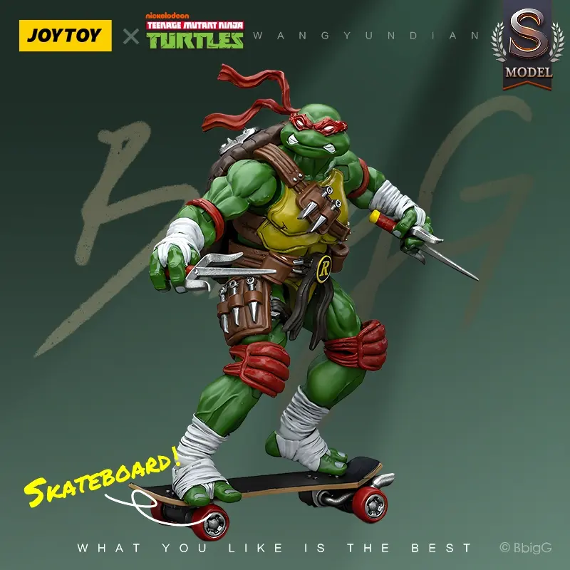 Joytoy Official Ninja Turtle Raphael Action Figure, 4.2 Inch Collectible Toy, Articulated Figures, Full Jointed Model with Skateboard, Pizza & Battle Effects, Collectible Figurine, Movable Figurines
