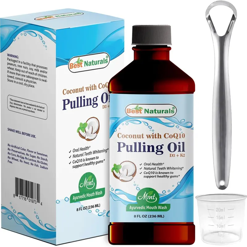 Best Naturals Coconut Pulling Oil with Vitamin D3, E, K2 & COQ10-8 Fl OZ Helps with Fresh Breath, Teeth & Gum Health - Made with Essential Oils Oral Clove