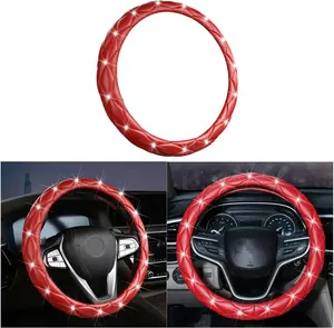 Soft Leather Steering Wheel Cover, 15 Inch Bling Elastic Steering Wheel Protector with Sparkly  Rhinestones, Auto Accessories Universal for SUV, , Van,  (Red-1)