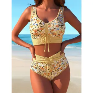 2026 Summer Women's Ditsy Floral Crochet Bikini Swimsuit, V Neck Ruched Drawstring Top with High Waist Bottom, Vintage Yellow Boho Knit Trim Two-Piece Bathing Suit for Beach Vacation Swimwear,Women's Split Swimsuit ,Summer VibesJJ520-03    JJ520-04