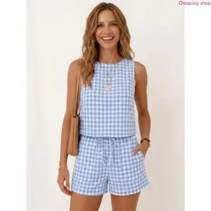 【Summervibes】Women Gingham 2-Piece Matching Set, Ribbed Cropped Top & Bottom Outfit, Soft Casual Loungewear, Classic Plaid Apparel, Stylish Comfortable Wear for Spring, Summer, Beach Vacation & Daily Lounging