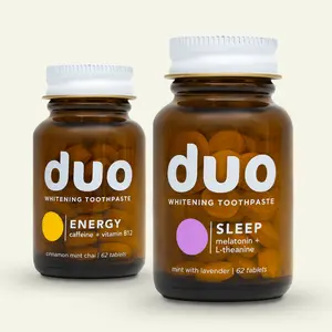 Duo Morning/Night Bundle - Energy + Sleep Whitening Toothpaste Tablets, Energy with caffeine (10mg), Sleep with melatonin (1.5mg) Oral Foam