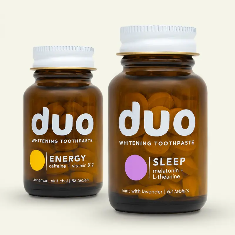 Duo Morning/Night Bundle - Energy + Sleep Whitening Toothpaste Tablets, Energy with caffeine (10mg), Sleep with melatonin (1.5mg) Oral Foam