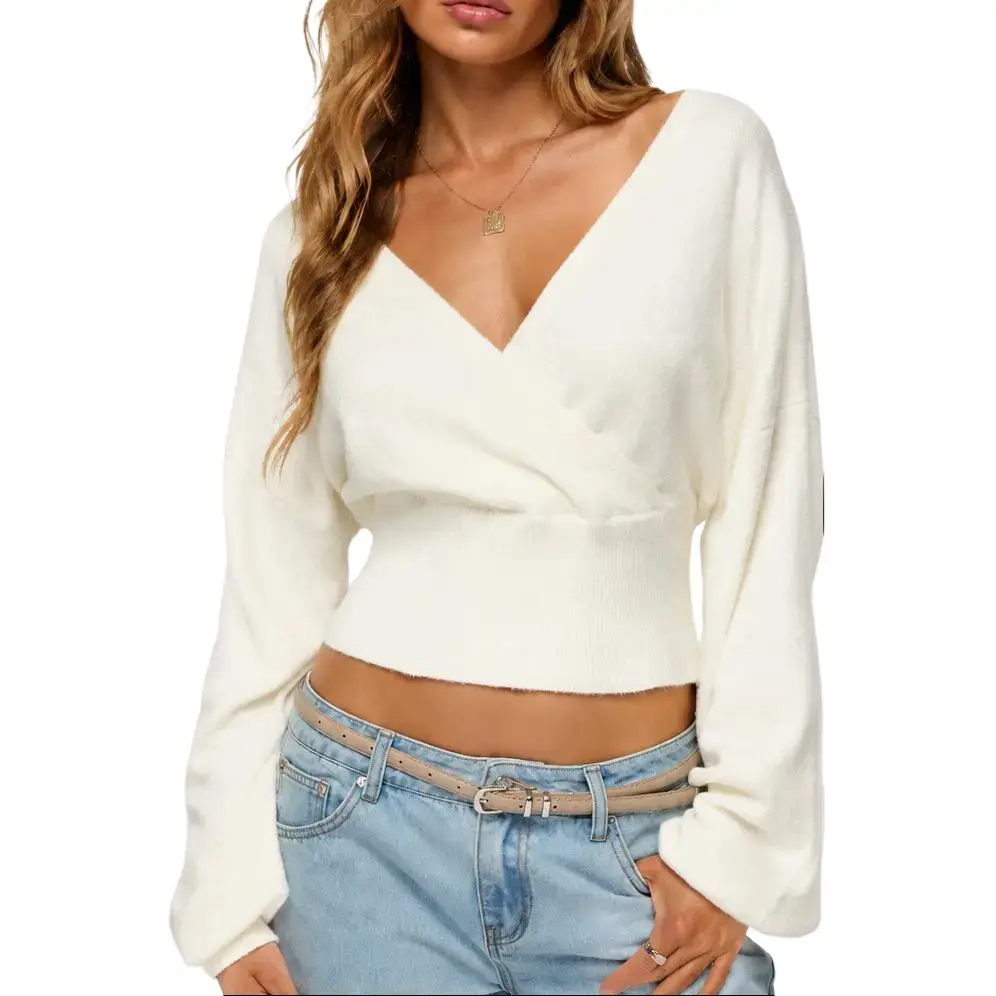 FWSAM Women Dressy Deep V Neck Wrap Cross Front Sweater Top Long Sleeve Adjustable Tie Back Cinched Waist Pullover