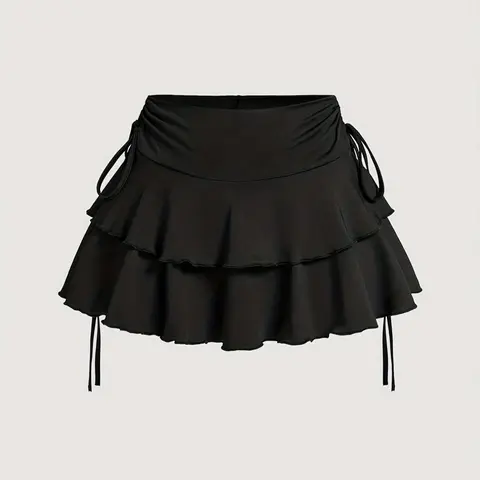 Women's Solid Tiered Layer Ruffle Hem A Line Skirt, Cute Fashion Casual Tie Side Short Skirt for Daily Outdoor Wear, Ladies Bottoms for Summer