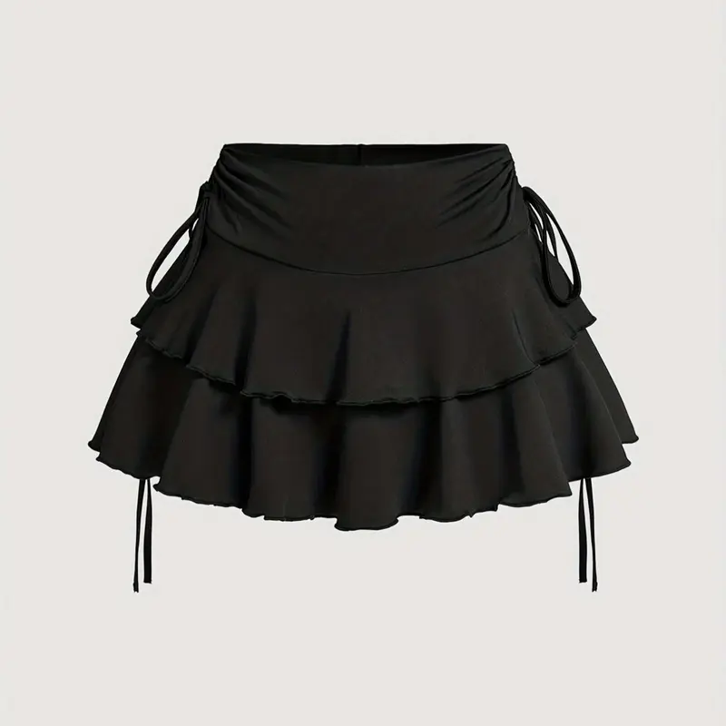 Women's Solid Tiered Layer Ruffle Hem A Line Skirt, Cute Fashion Casual Tie Side Short Skirt for Daily Outdoor Wear, Ladies Bottoms for Summer