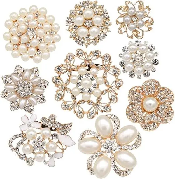 9Pcs Brooches and Pins for Women, Flower Brooch, Crystal Pearl Pins, Elegant Rhinestone Pins for Wedding - Home Improvement.
