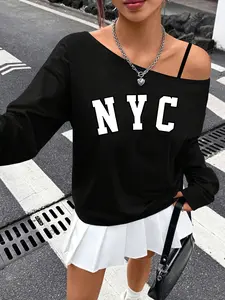 Women's Vintage Asymmetrical Neck Spaghetti Strap Top, Letter Print Long Sleeve Casual Wear, Thick Knit Spring & Fall Fashion