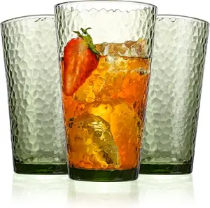 Drinking Glasses Set of 8,16oz Green Highball Water Glasses,Stackable Lead-Free Hammered Glass Cups,Kitchen Drinkware Glassware for Cocktail,Beer,Juice,Iced Tea,Margaritas and Mixed Drinks