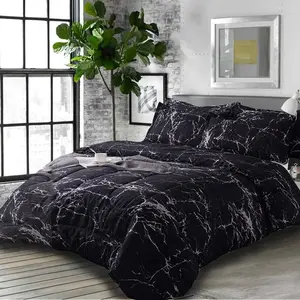 Comforter Set Queen Size, Dark Black Marble Print 88 x 90 inch Reversible Down Alternative Comforter Microfiber Duvet Sets (1 Comforter + 2 Pillowcases Bedding for Men