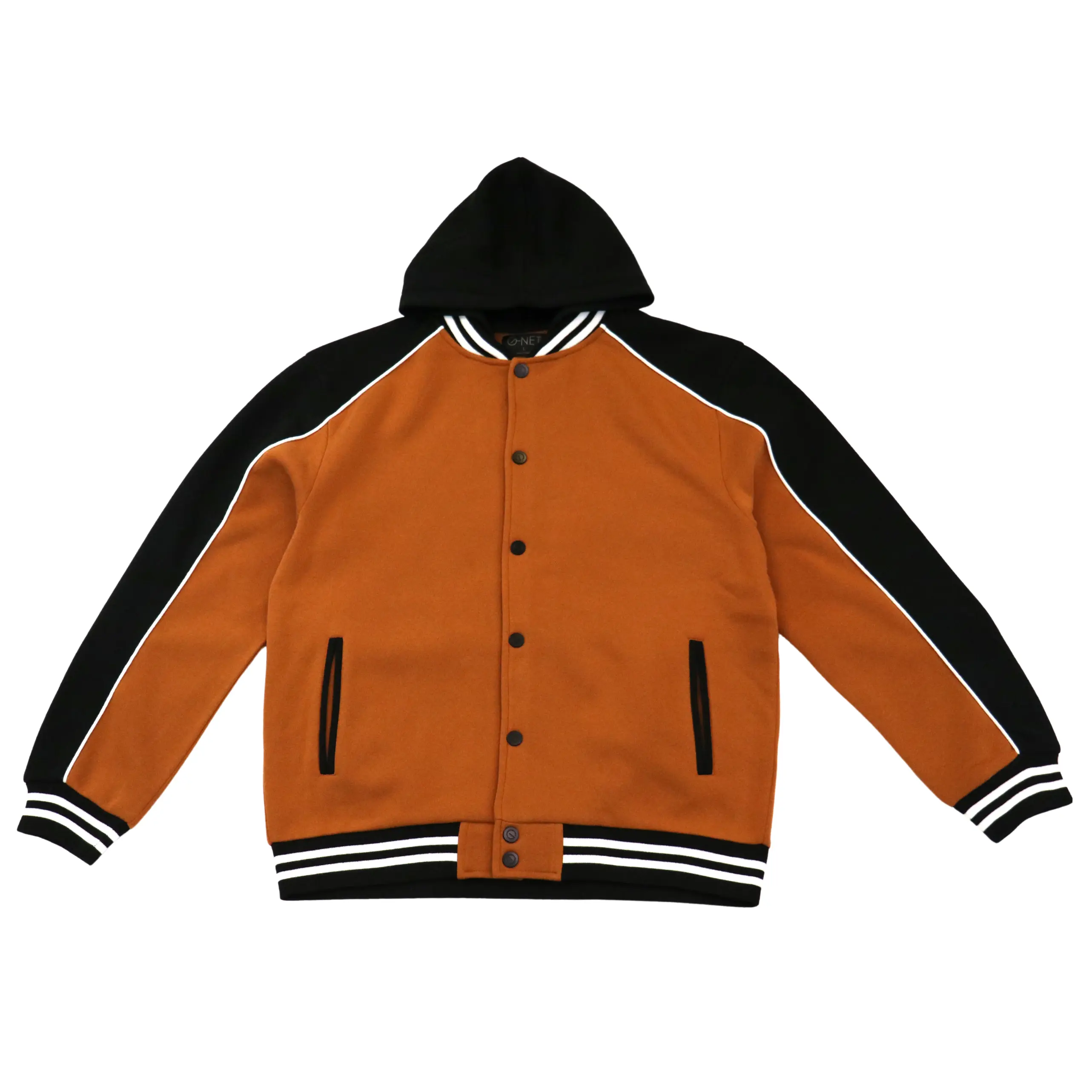 Men's Varsity Jacket with Yarn Dye Rib Hems & Collar Hood in Orange