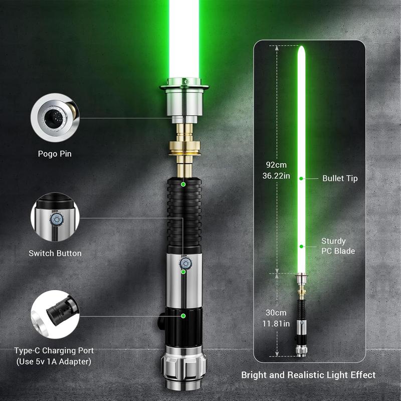 Obi-Wan Lightsaber with 16 Sound Effects RGB Lighting Modes Metal Hilt Rechargeable for Role-Playing Family Entertainment Orange Duel Cosplay Sword Epic Toys Medieval Collectible 92cm PC Blade High Impact