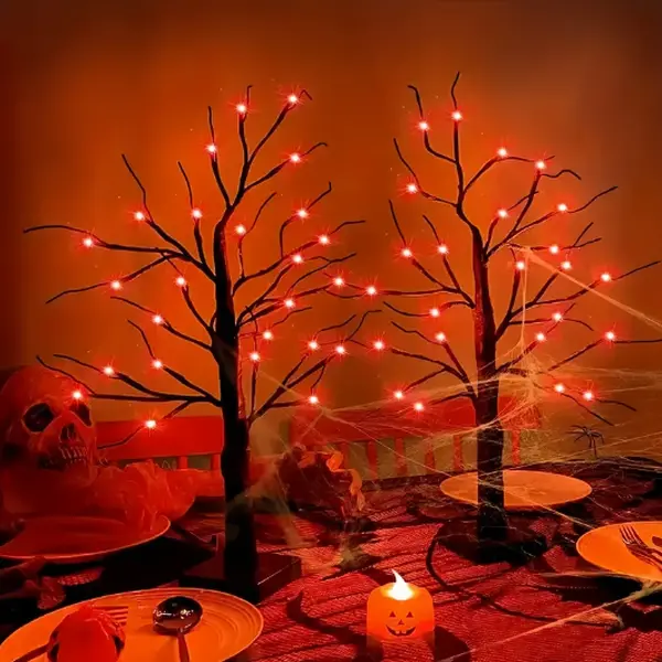 2-Piece Set, Halloween Tree Lights, 24-inch, Orange and Purple Glow, 24 LEDs, USB + Battery Powered, Halloween Decor, Suitable for Indoor Home Haunted Rooms, Fireplaces, Entryways, TV Console Decor