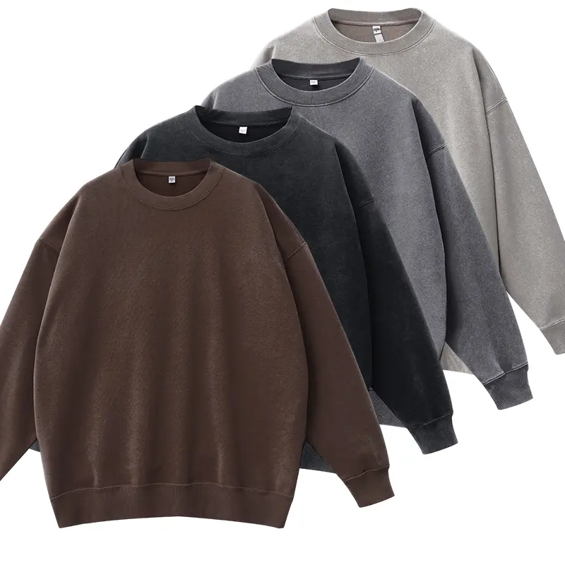 Men’s Stylish Crew Neck Cotton Blend Sweatshirt, Wide Pullover, Machine-Washable, Breathable Inner Lining, Baggy Oversized Loose-Fit, Vintage Distressed Acid-Washed Finish, Plain Solid Color Long-Sleeve Casual Top for Commuting, Full Sleeves
