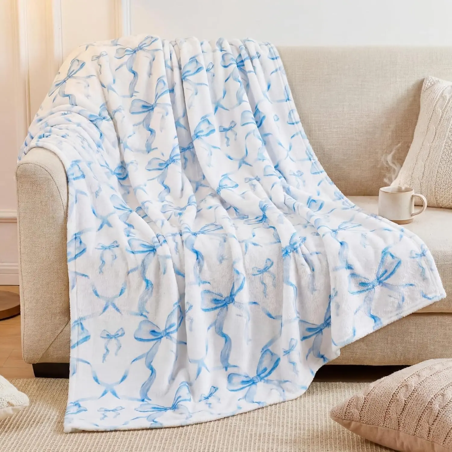 Blue Bow Print Flannel Throw Blanket, Classic Valentine's Day Gift for Women, Soft Lightweight Preppy Coquette Bedding, Machine Washable Aesthetic Living Spaces Decor for Sofa Couch