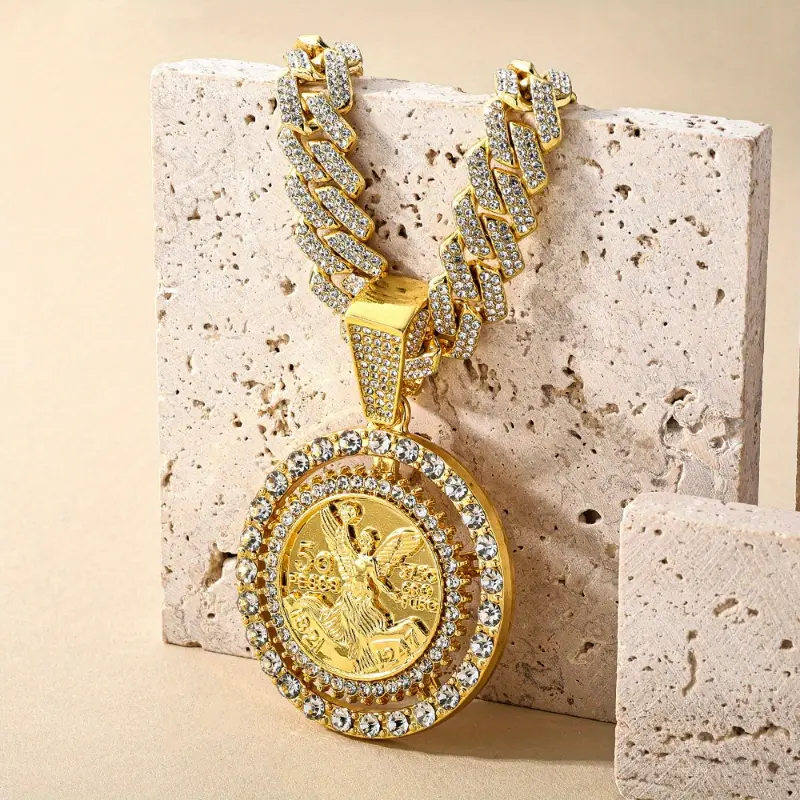 18K Gold Plated Spinning Angel Pendant Cuban Chain Necklace Unisex Religious Symbol Jewelry Gift Vintage Style for Casual Attire or Special Occasions