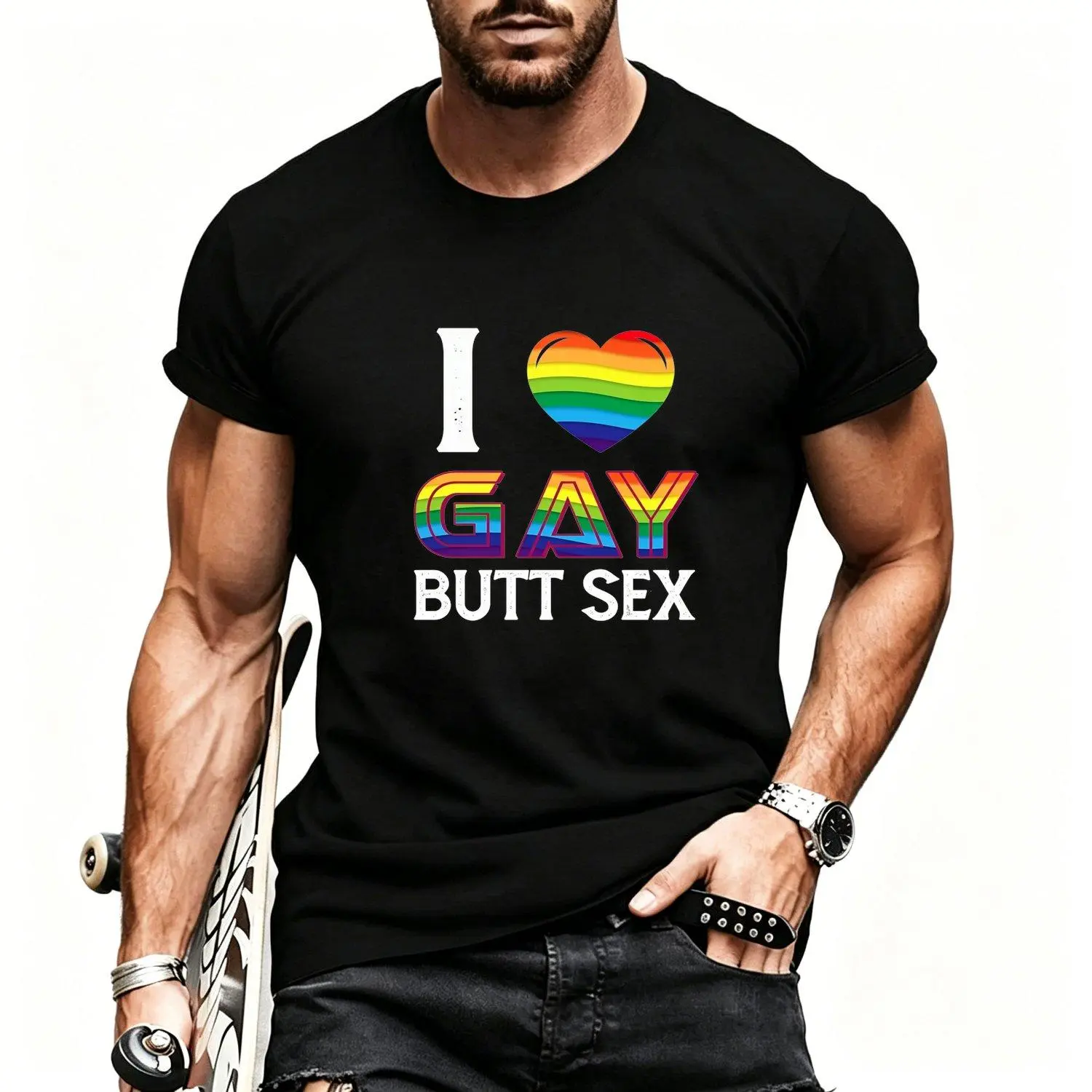 "I Love Gay Butt Sex" Graphic Casual Men Short Sleeve T Shirt Streetwear Top with Rainbow Heart Made in USA Comfortable Fashion Tee
