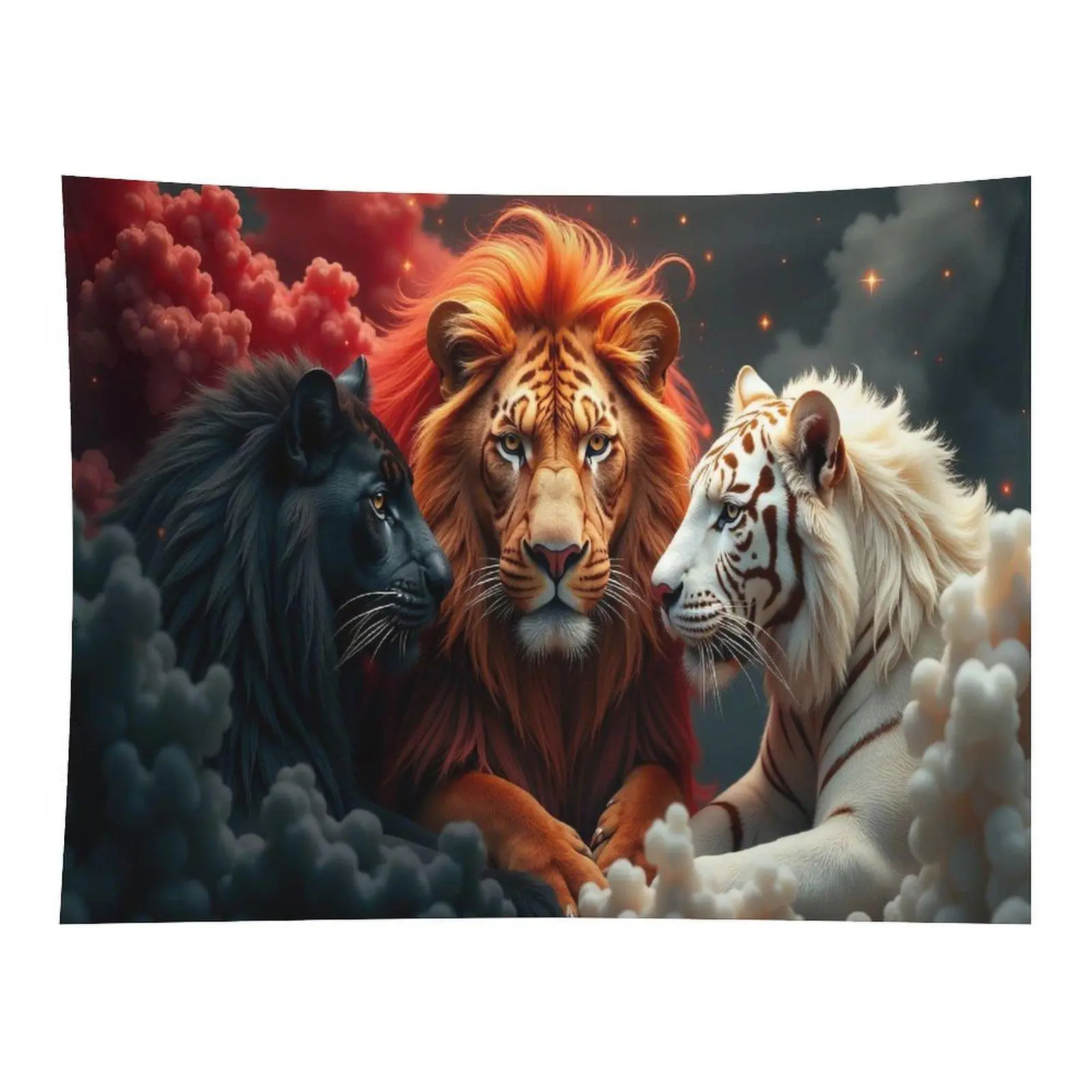 Majestic Lion Black Panther White Tiger Red Smoky Cloud Cosmic Star Wall Tapestry Wall Hanging, Powerful Wild Big Cat Spiritual Fantasy Decor for Masculine Man Cave Ornament