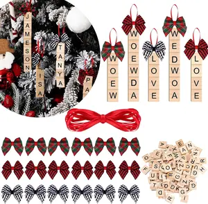 MTLEE 200 Pcs Christmas Tree Ornaments Decor Wooden Personalized Name Letter Tiles for Christmas Tree Ornament Holiday Name Tag Hanging Xmas Decor Making DIY Crafts Kit with Mini Plaid Bows Red Ribbon