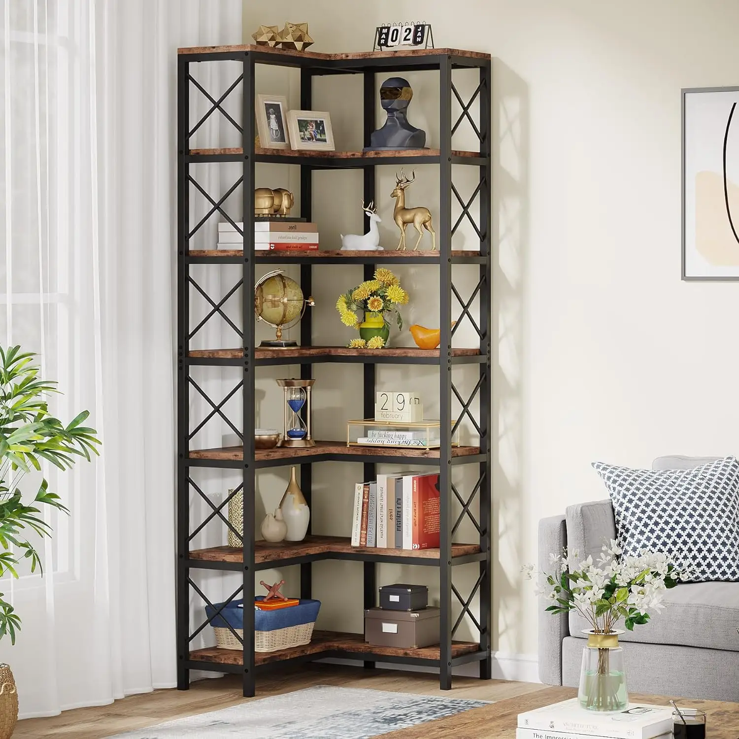 Tribesigns 7-Shelf Corner Bookshelf, Large Industrial Corner Bookcase Corner Shelf