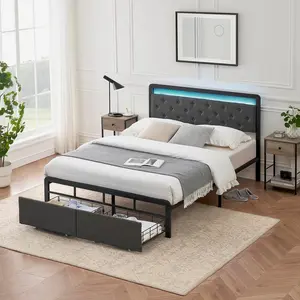 Queen Size Bed Frame with LED Lights, Button Tufted Headboard, Bed Frame with 2 Storage Drawers, Metal Slat Supports, Gray