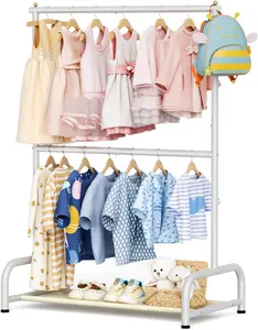 Double Rod Kids Clothing Rack for Hanging Clothes, Small Dress up Storage with Bottom Shelf, Metal Garment Rack for Shirts, Dance Costumes, and Baby Clothes