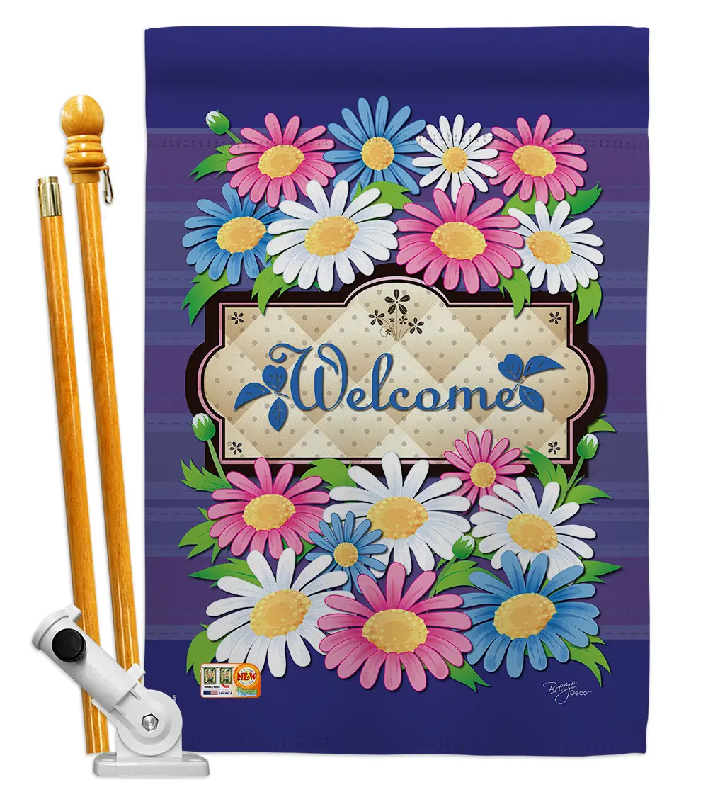 Breeze Decor 1-Piece X-Large Double-Sided Vertical House Flag Set - Welcome Daisies Spring Floral Outdoor Design, 28x40in, 2.42 lbs, 57in Wall Mount Pole Bracket & Hardware, Eco-Friendly Inks, Weatherproof (BD-FL-HS-104076-IP-BO-D-US11-BD)