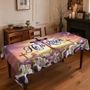JIT+1pcs 2D flat printed tablecloth  He Is Risen Easter Tablecloth, Cross Lily Printed Table Cover, Festive Decor for Home Dining Room and Party Scene Arrangement