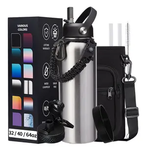 40 oz Insulated Water Bottle - 32 64 87 128 oz Stainless Steel Water Bottles with Straw & Spout Lids, Paracord Handle, Carrier Bag with Strap, Protective Cup Mat, Keep Cold-48H & Hot-12H Metal Gallon Water Flask