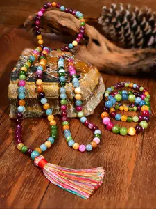 Boho Style Colorful Crystal Beaded Jewelry Set, Including Necklace & Bracelet & Tassel Decor, Fashion Accessories for Women & Girls