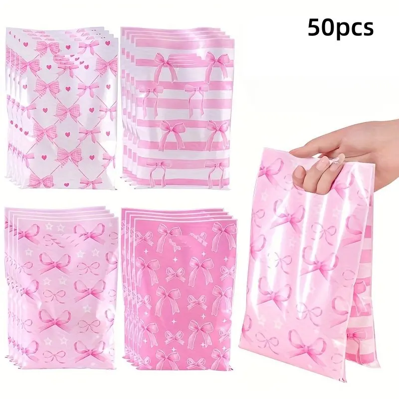 50pcs Bow Plastic Gift Bags, Cute Packaging, Ideal for Candy, Cake, Snacks, Kids Birthday, Baby Shower, Wedding Party, Small Pouches, Gift Wrapping Supplies