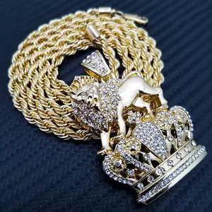 HIP HOP LION KING CROWN FASHION GOLD PLATED PENDANT & 4mm 24" ROPE CHAIN NECKLACE JEWELRY