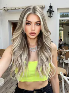 20 Inch Medium Part Light Blonde Highlights Long Wavy Hair, Synthetic Machine Wigs, Fashionable Natural Look, Perfect for Daily Wear & Special Occasions
