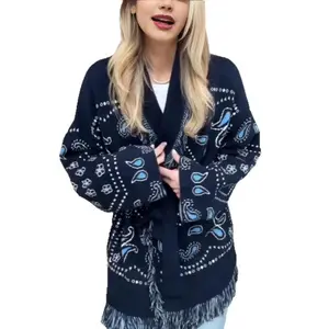 Women’s Elegant Knitted Printed Cardigan/Sweater with Tassel Stitching, Belted, Long Sleeves, V-Neck, Thickened Color Design — Fashionable Knitwear for Winter (2025), Available in Loose or Fitted Blue Styles, Casual Style