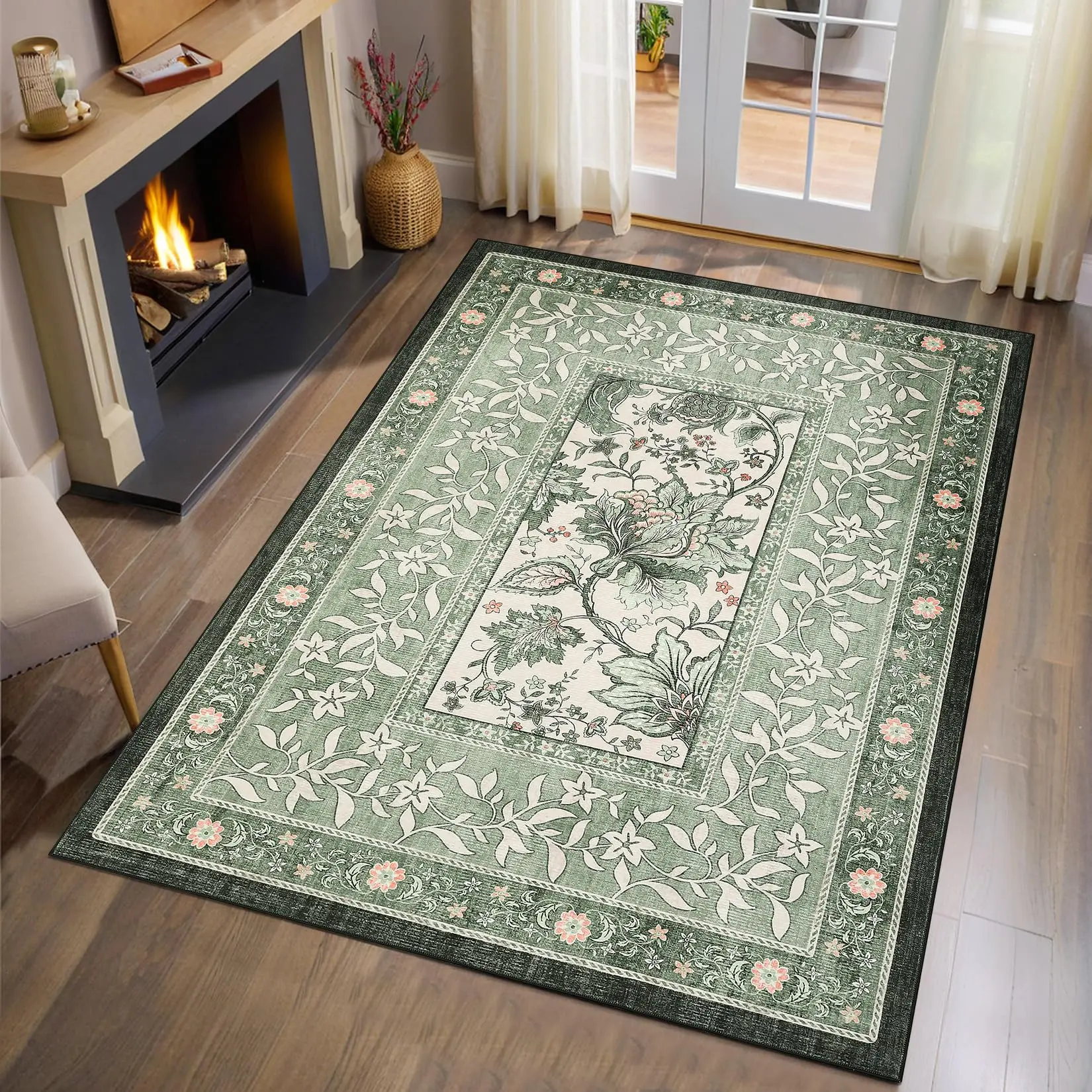 Gaomon 5x7ft Vintage Boho Botanical Area Rug - Low-Pile, Soft, Thin, Washable, Non-Slip, Foldable Indoor Home Decor for Living Room, Bedroom, Botanical Area Rugs, Vintage Boho Rug