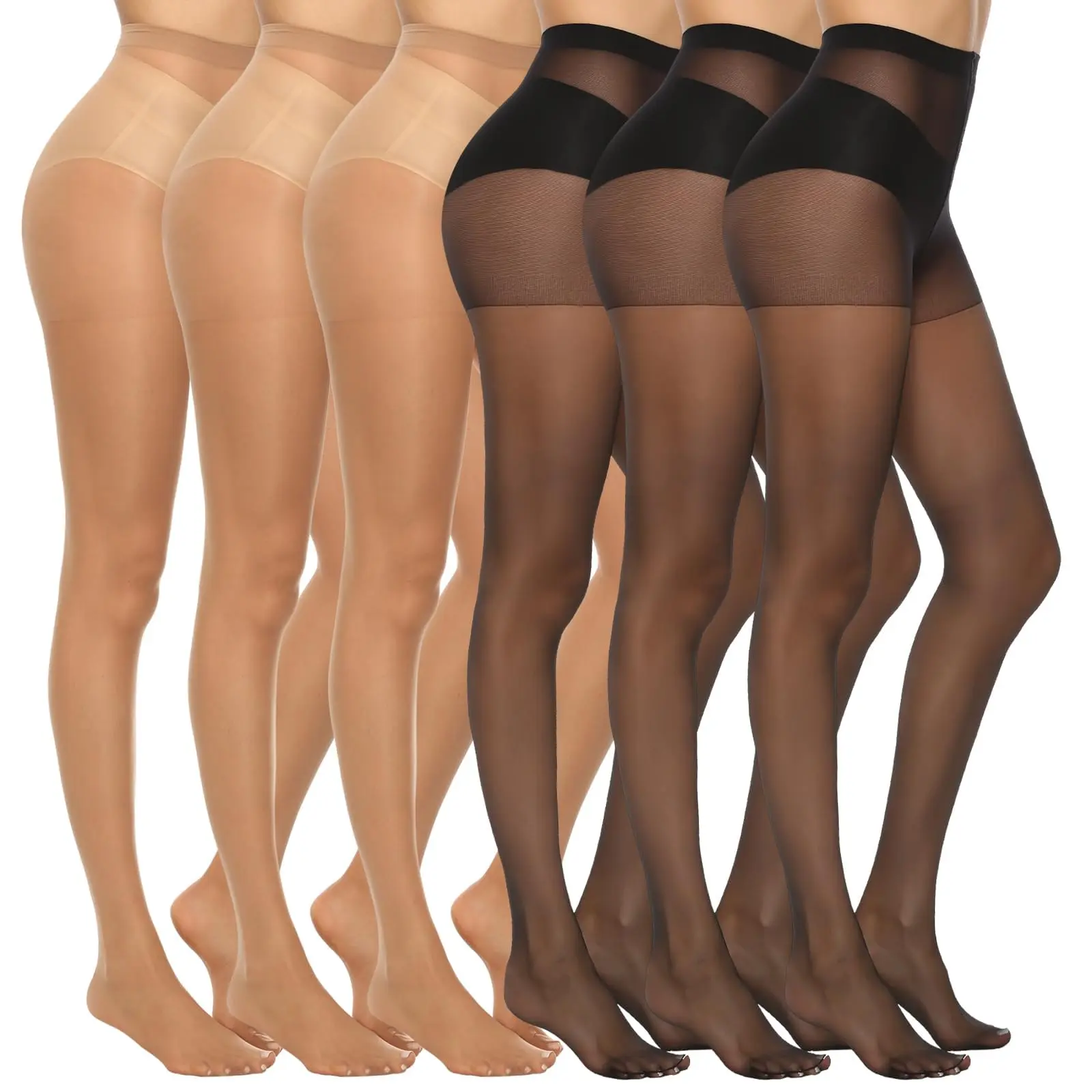 MANZI 6 Pairs Skin Blur Women's Sheer Tights 20D Nude Black Pantyhose Silky Seamless Nylon Tights High Waist Stockings with Control Top Pantimedias efecto piel