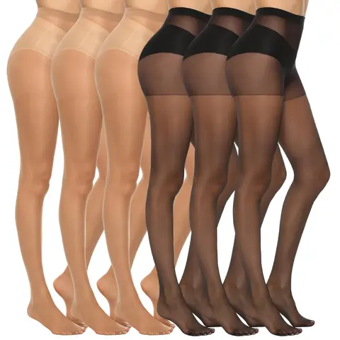 MANZI 6 Pairs Skin Blur Women's Sheer Tights 20D Nude Black Pantyhose Silky Seamless Nylon Tights High Waist Stockings with Control Top Pantimedias efecto piel