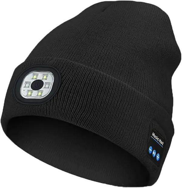 Bluetooth Beanie with Light, Unisex USB Rechargeable 6 LED Fashlight Hat with Cordless Headphones, Unique Christmas Birthday Gifts for Men Husband Teen warm beany Knit Balaclava Outdoor Activities skull cap cycling  sport lightweight cold usb-c motorcycle