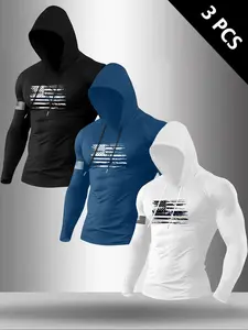 Men's Classic 3-Piece Set Flag Pattern Graphic Hooded Long Sleeve T-Shirt, Casual Fitted Top for Fall & Winter Fitness Workout Wear