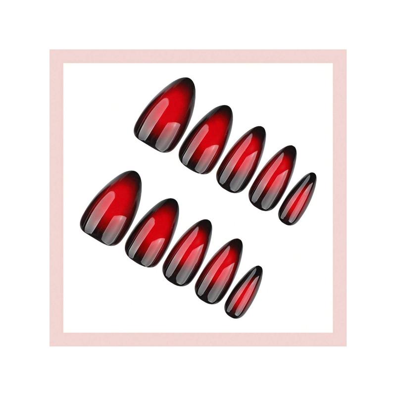 24 pcs set Red Black Ombre Press On Nails Almonds Medium Length - Acrylic Fake Nail, Reusable Glue On Stick On Nails, Fall Halloween Designer Nails For Women