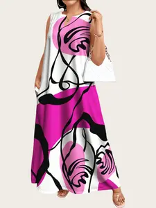 Women's Plus Size Fashion Womenswear Street Style Casual Wear Printed Long Dress, V Neck Sleeveless Loose Fit with Pockets, One Piece Below Ankle Dress, Casual Fashionable Dress